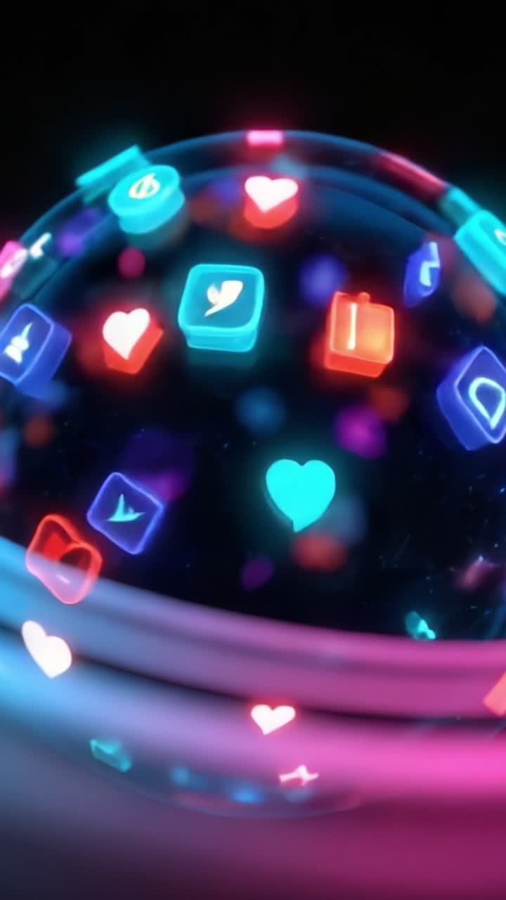 Una esfera hipnotizante de iconos digitales brillantes representa un vibrante universo de redes sociales, mostrando la conectividad en una exhibición colorida y surrealista de tecnología.