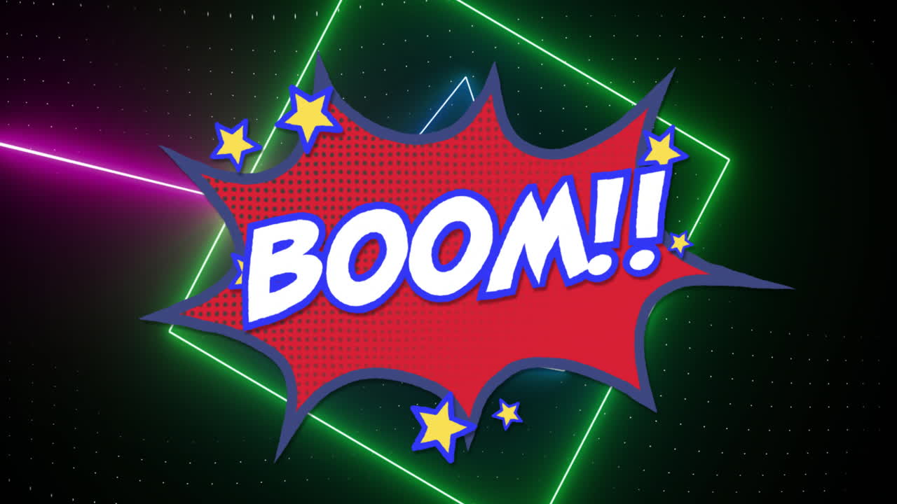 BOOM!! animation with stars over colorful neon shapes and dots in school
