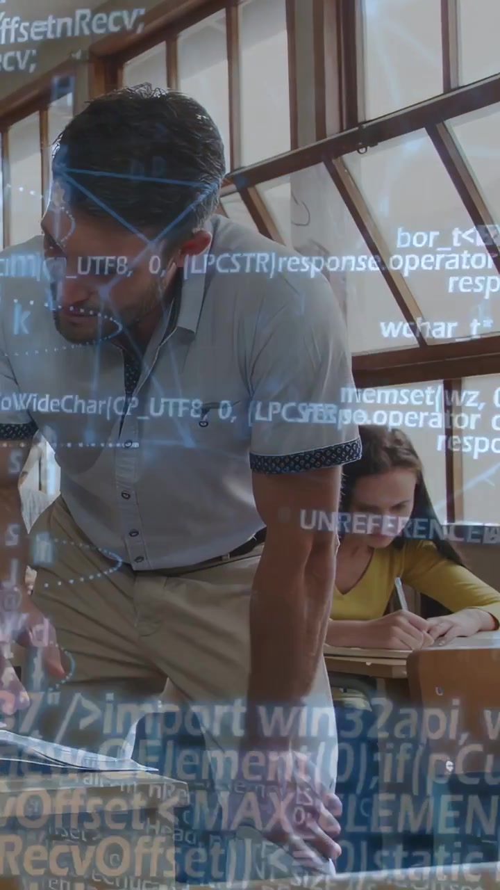 Vertical video: Teacher approaching desk, checking book in classroom while code overlay scrolling