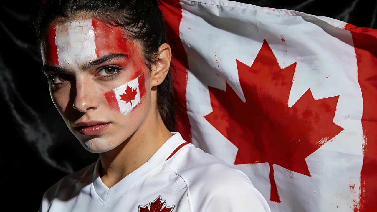 Cámara en movimiento, mujer con motivos de arce cambiando de una expresión serena a una sonrisa en un estudio con fondo canadiense, con pintura facial y bandera.