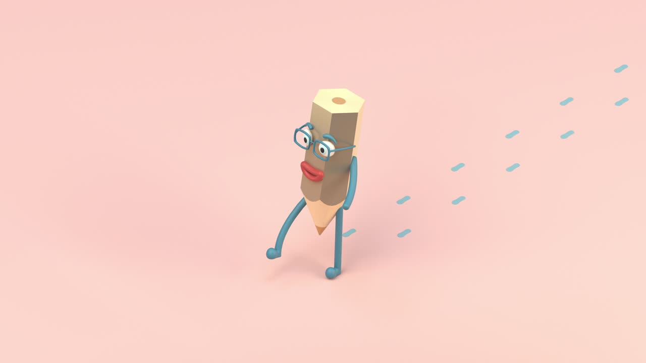personaje de lápiz de dibujos animados con huella en el suelo, animación de bucle, renderización 3d.