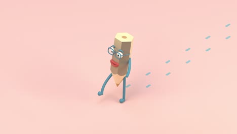 cartoon pencil character with footprint on the floor,  loop animation, 3d rendering.