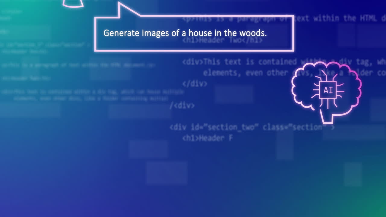 Animation of ai technology chat and images of house in woods over data processing