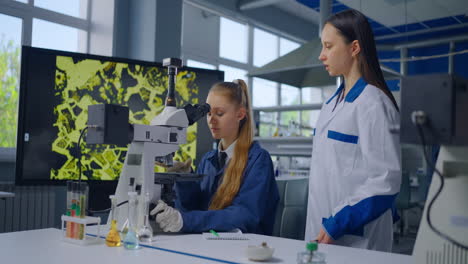 estudiantes usando el microscopio en el laboratorio de ciencias