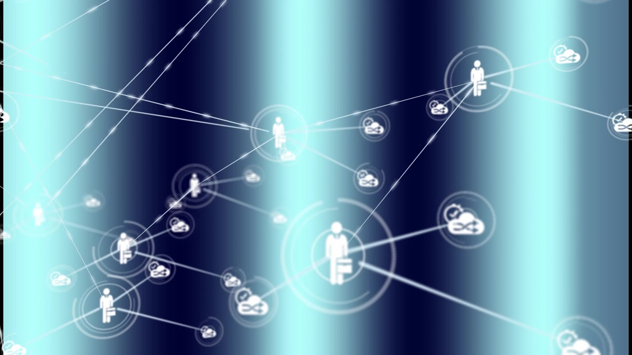 Animation of network of digital icons over blue glowing light trails against black background