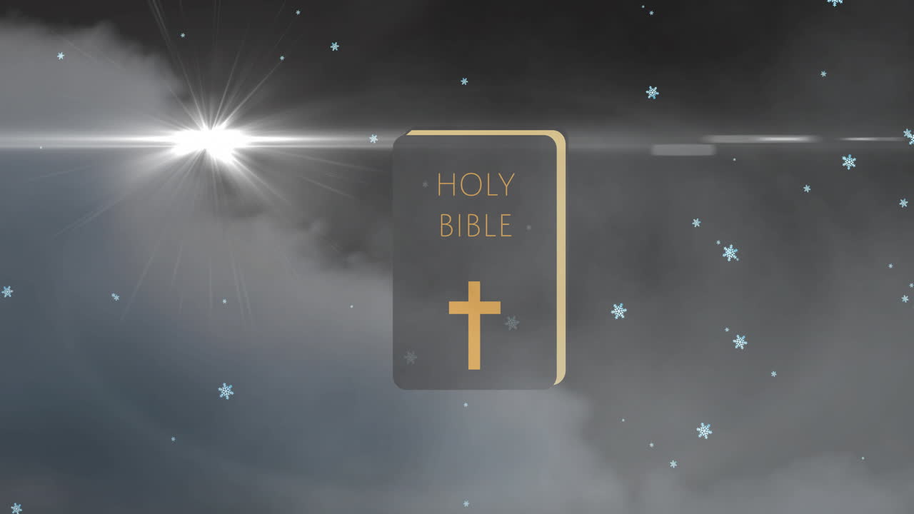 눈이 떨어지고 회색 구름 위에 기독교 십자가와 성서의 애니메이션