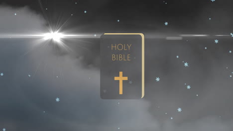 animation of christian cross and holy bible over snow falling and grey clouds