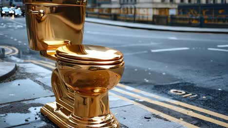 a gold toilet sitting on the side of a street