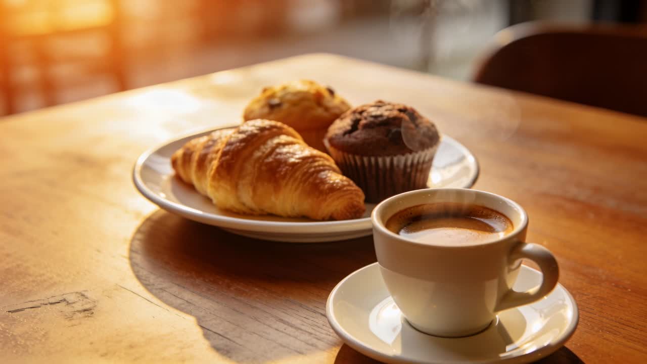 O sol brilhando e a câmera se aproximando, fazendo o vapor subir, realçando um croissant e uma xícara de café expresso.