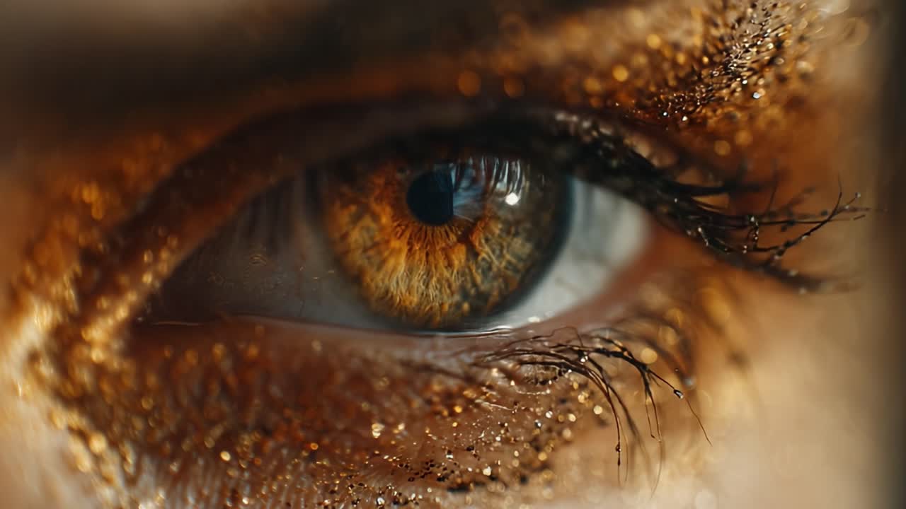 A Close-Up of a Stunning Eye with Glittery Makeup and Mesmerizing Details Highlighting the Vibrant Colors and Unique Texture of the Iris in Distinct Lighting