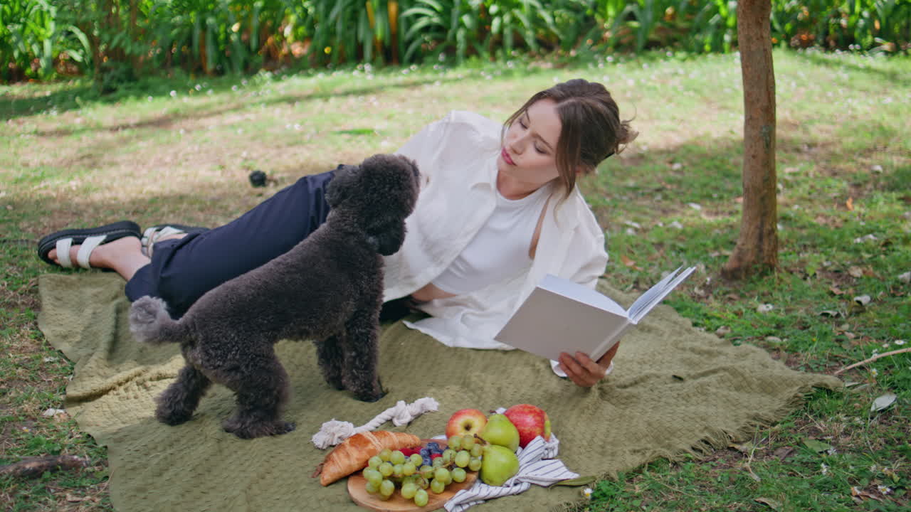Dog enjoy picnic woman holding book at green park. Adorable black poodle playing