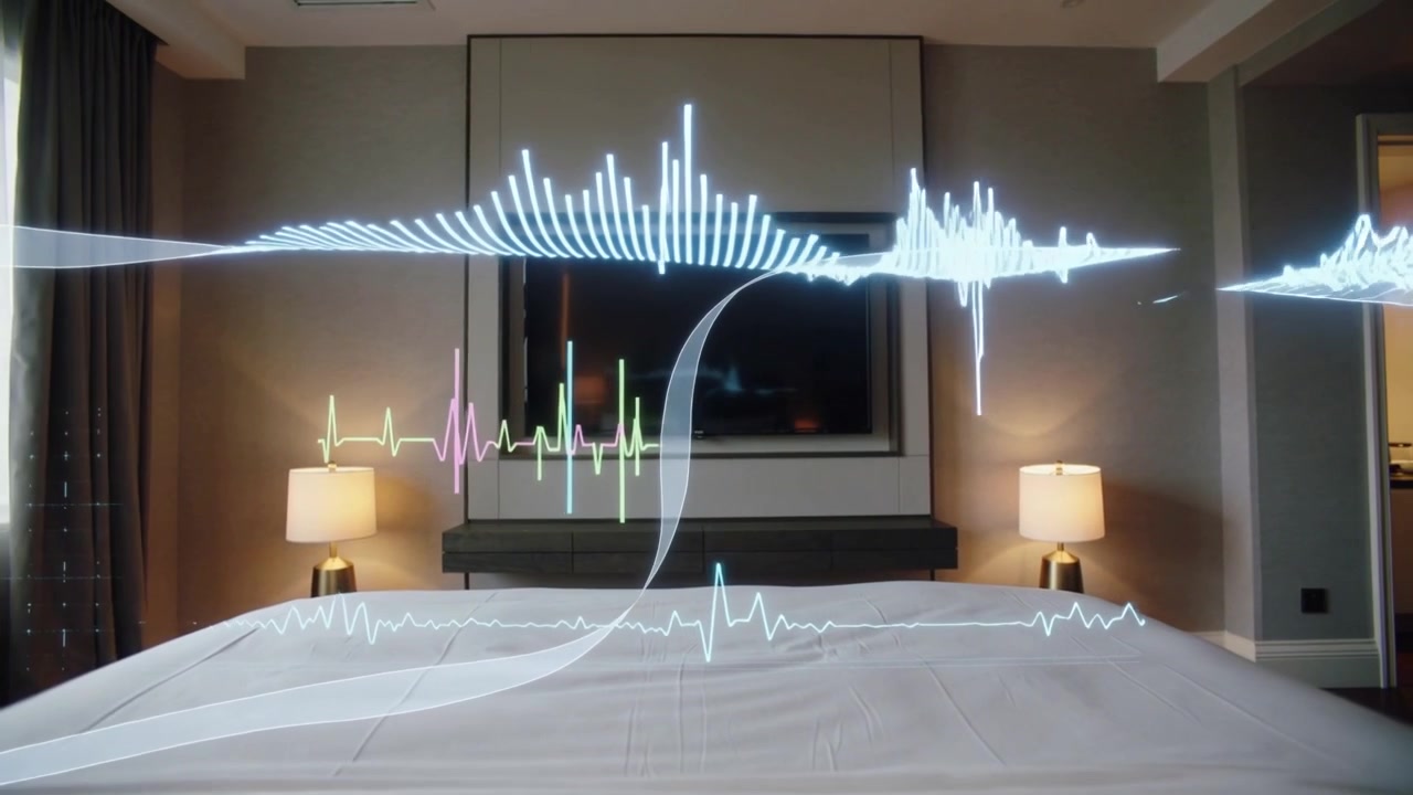 Showing centered bed and TV in hotel room with ECG waves appearing, rising, showing heartbeat surge