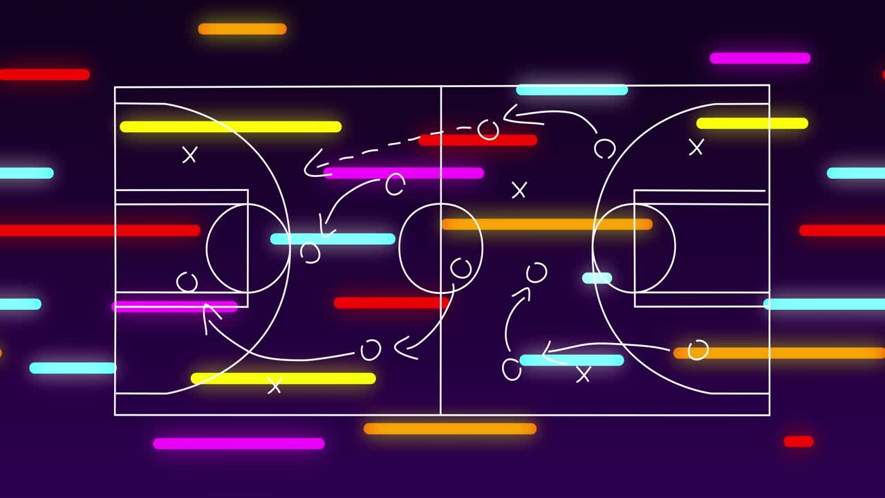 Sliding neon bars initiating white court drawing, Xs and Os appearing, arrows showing play plan