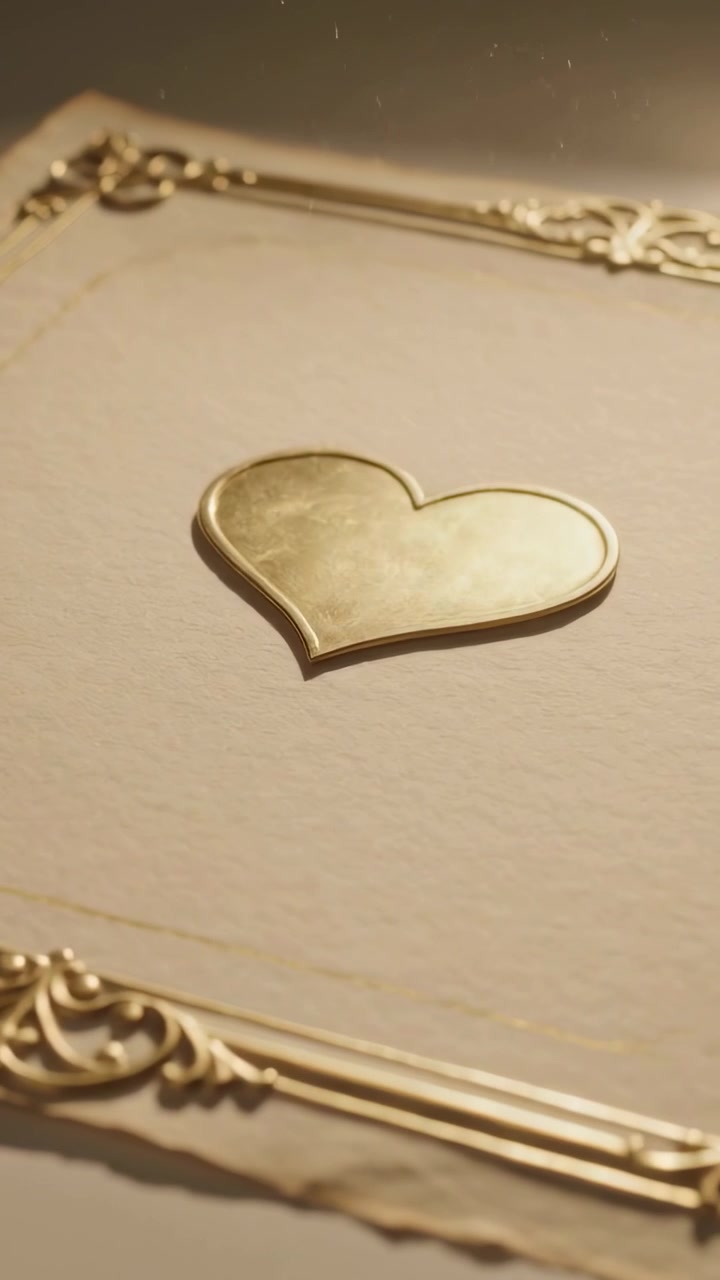 Vertical video: Tilting camera showing raised gold heart on cream card with filigree and warm light