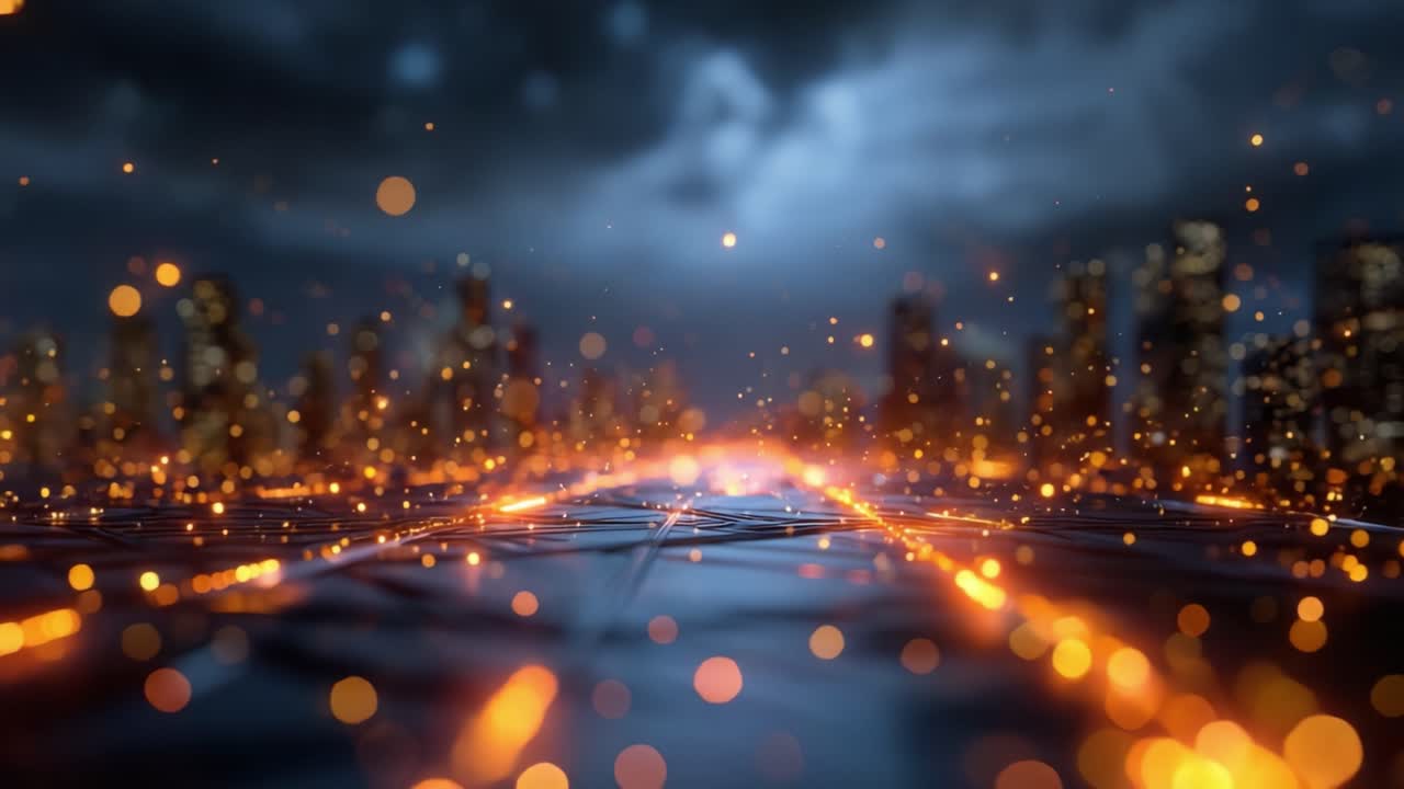 Et fengslende syn av et futuristisk bybilde opplyst av glødende oransje partikler som sprer seg gjennom en nattlig atmosfære, og skaper en fortryllende visuell opplevelse