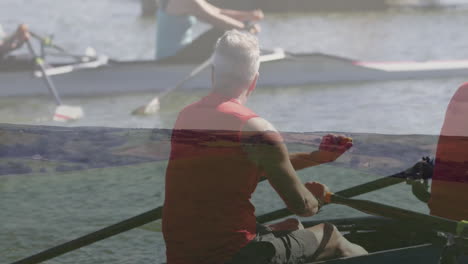 rowing on water, people with landscape animation overlay creating dynamic scene