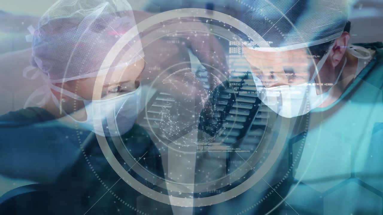 animación del globo con procesamiento de datos, persona escribiendo en el teclado sobre los cirujanos