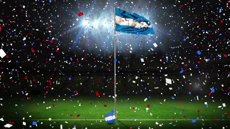 Animación-De-Confeti,-Bandera-De-Honduras-En-Balón-De-Fútbol,-Bandera-Ondeante-De-Honduras-Y-Luces-En-El-Estadio