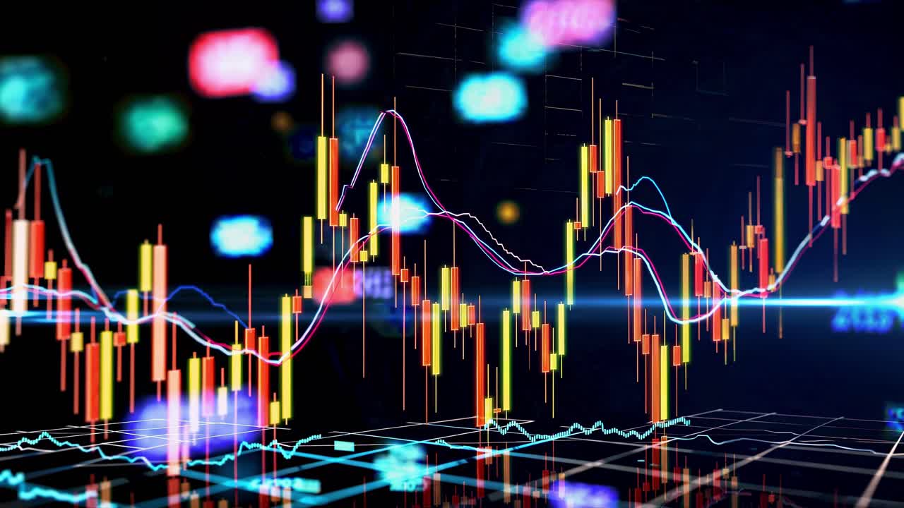 Conceito de vídeo dinâmico de crescimento financeiro com gráficos coloridos do mercado de ações