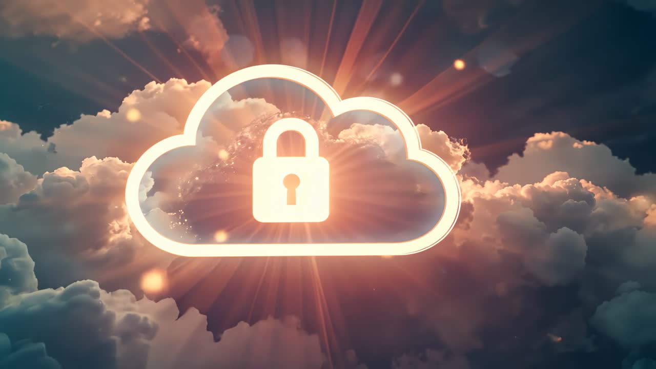 Stylized cloud lock icon materializing above cumulus clouds, pulsing and drifting padlock symbols
