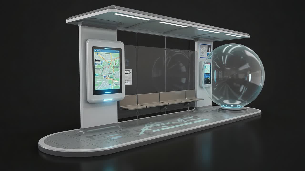 Futuristic Bus Stop Concept Showcasing a Transparent Sphere and Interactive Digital Displays for Enhanced Commuter Experience and Navigation Solutions