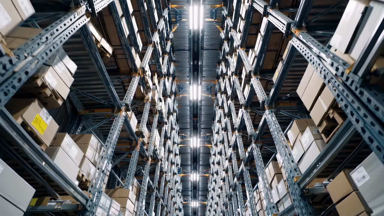 Un video che mostra una vista dal basso di un vasto magazzino, che enfatizza scaffali imponenti e pieni.