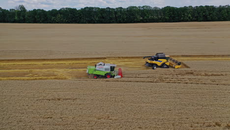 combine harvester on field wheat. aerial shot of combine harvesters working on field