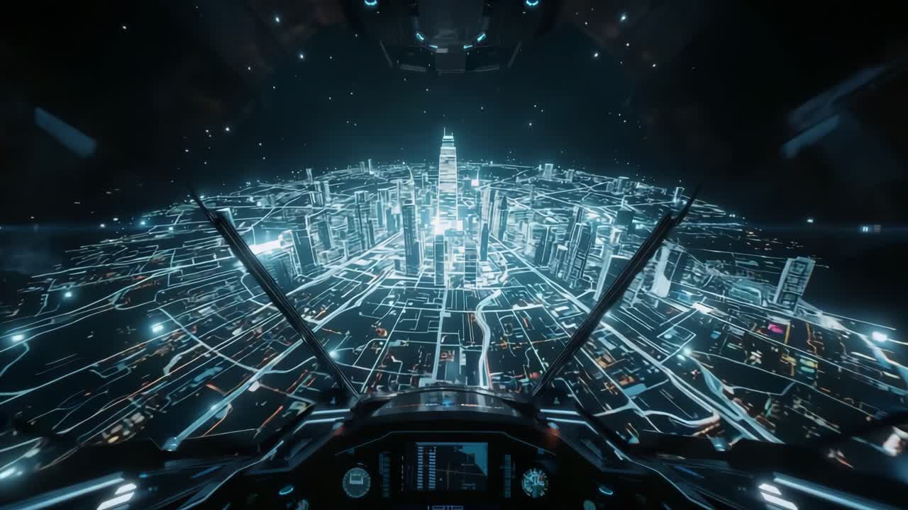 Futuristic Cityscape from Spaceship Cockpit