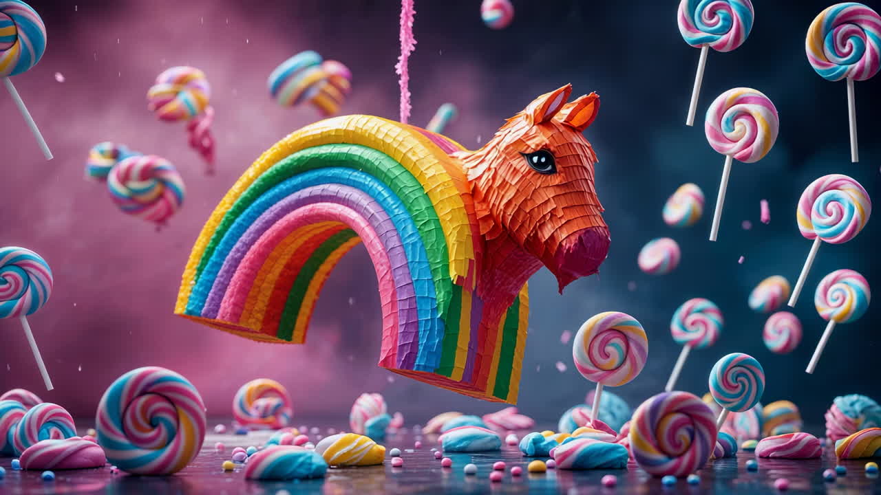 Rainbow Pinata amidst colorful floating candies and lollipops on a pastel floor with a dreamy pink and blue cloudy background. The vibrant, textured pinata is shaped like a horse with large ears, a mane, and tail, filled with bright stripes of every color creating an arched back like a rainbow. The 