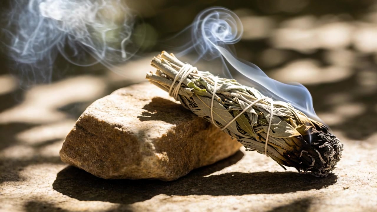 Glödande, förkolnad spets på en smudge stick vilar på en sten och släpper ut grå rök över en solig yta.