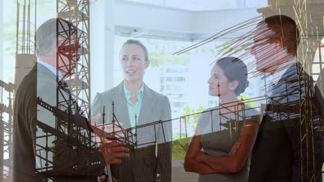 animation of building site over business people talking in office