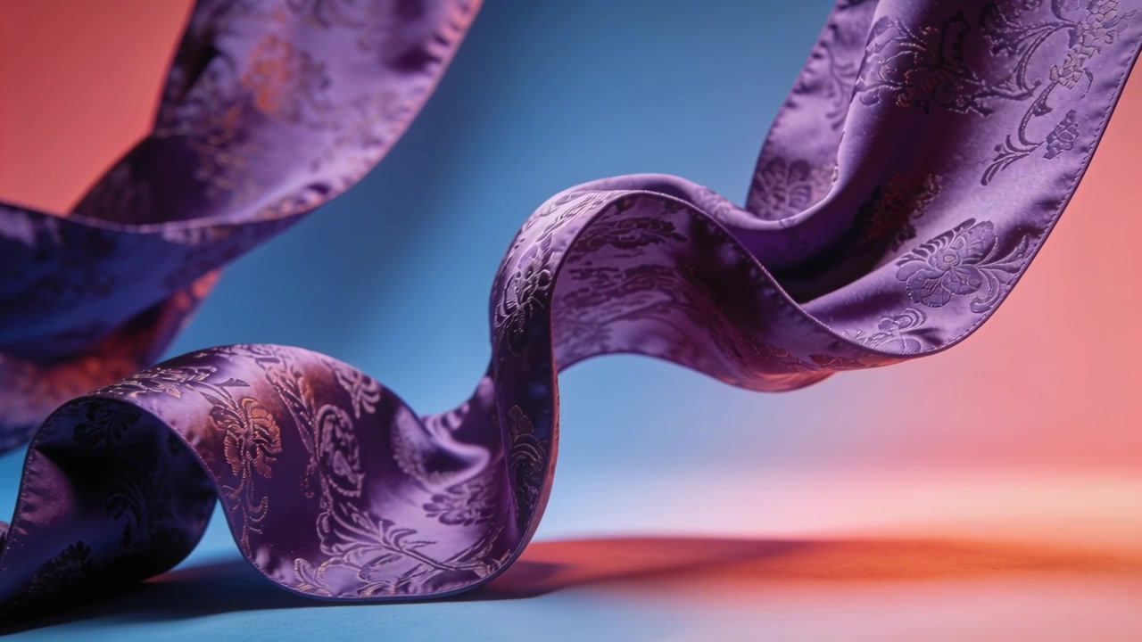 Nastro di seta jacquard viola ondulato che si muove in studio a causa del flusso d'aria, rivelando pieghe e lucentezza.