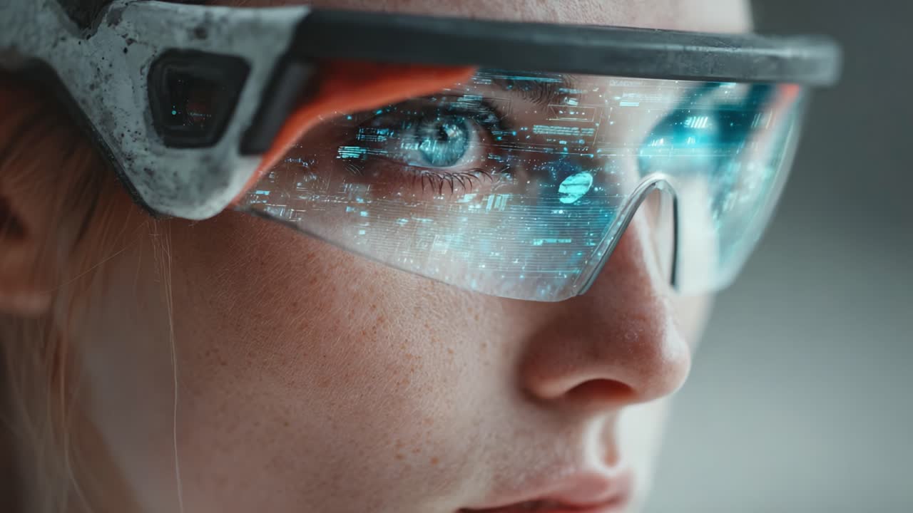 A Close-up Look at a Stylish Individual Wearing High-Tech Augmented Reality Glasses with a Futuristic Digital Display Reflecting Innovative Technology and Design