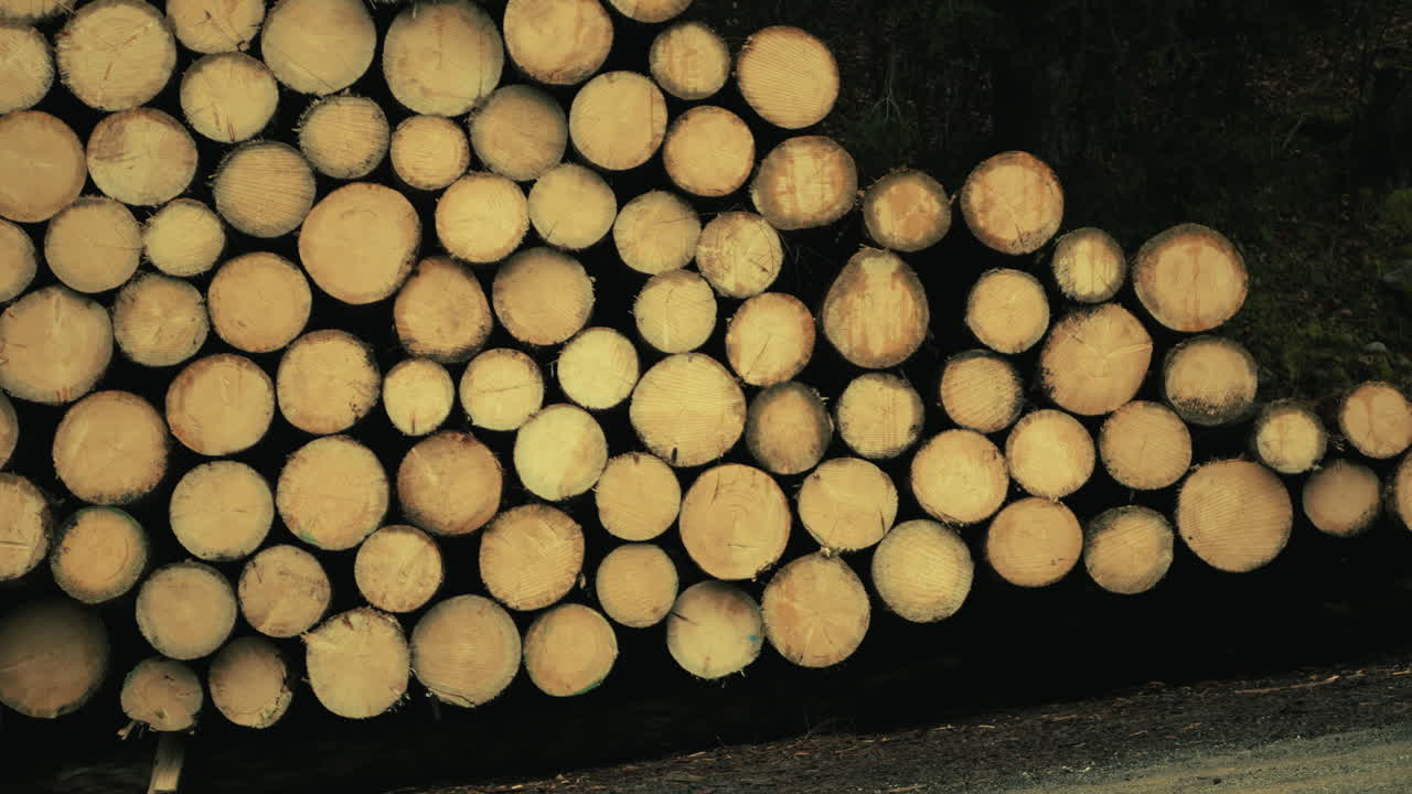 Van moving through a forest with a large pile of logs