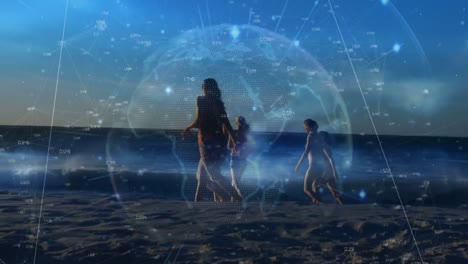 Animation-of-connections-and-globe-over-diverse-women-walking-on-beach-at-sunset