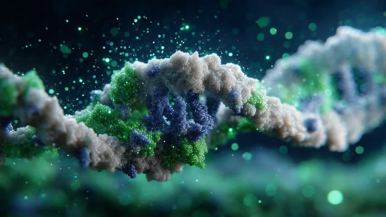 Intricate Visualization of DNA Helix Structure Highlighting Its Complex Molecular Architecture and Vibrant Coloration Under Twinkling Light Effects