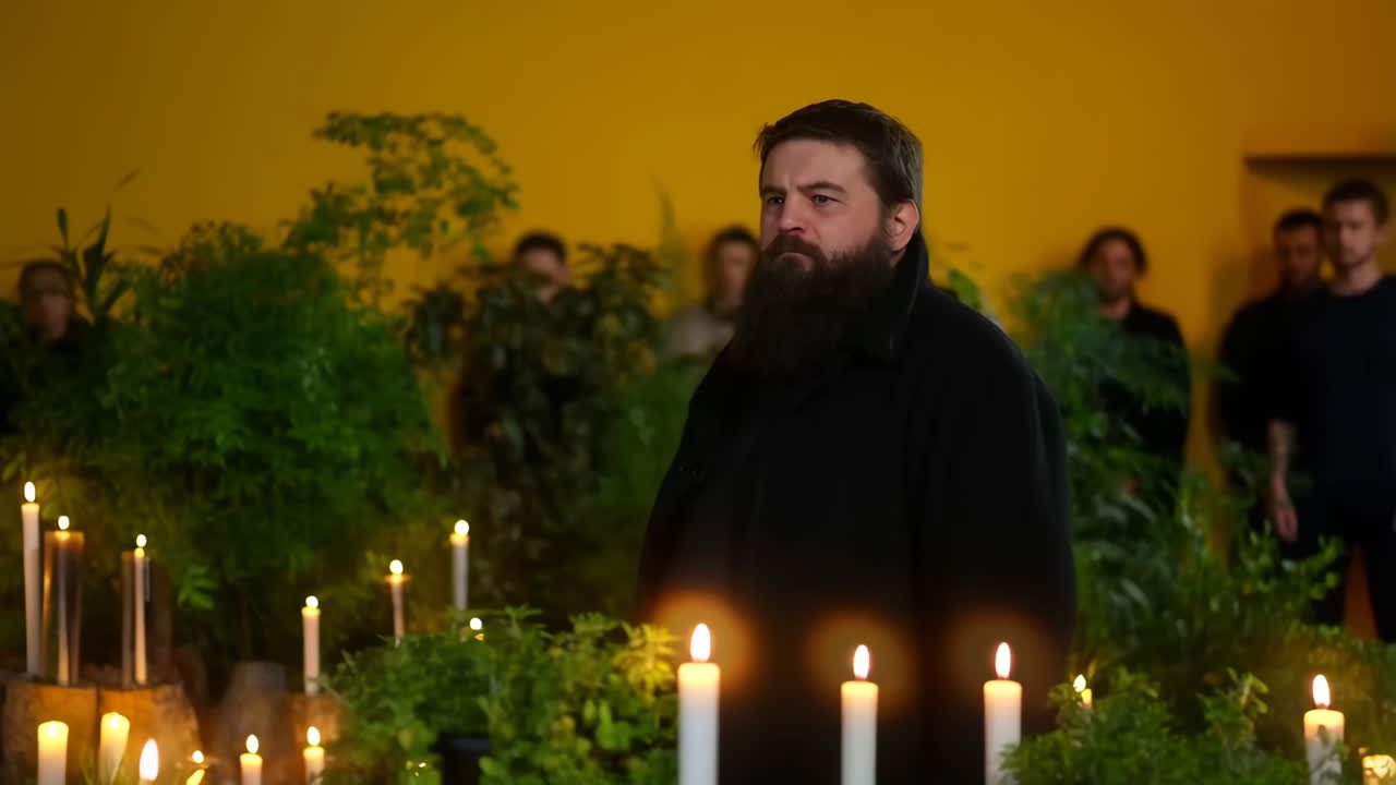 Bearded man in black coat at a solemn gathering with candles and plants