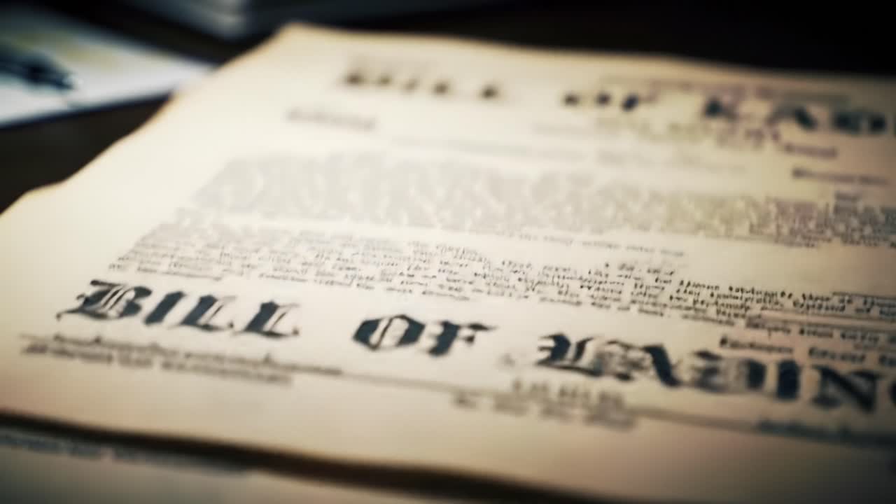 A detailed close-up reveals a bill of lading highlighting its essential details, historical context, and importance in trade during the 1800s.