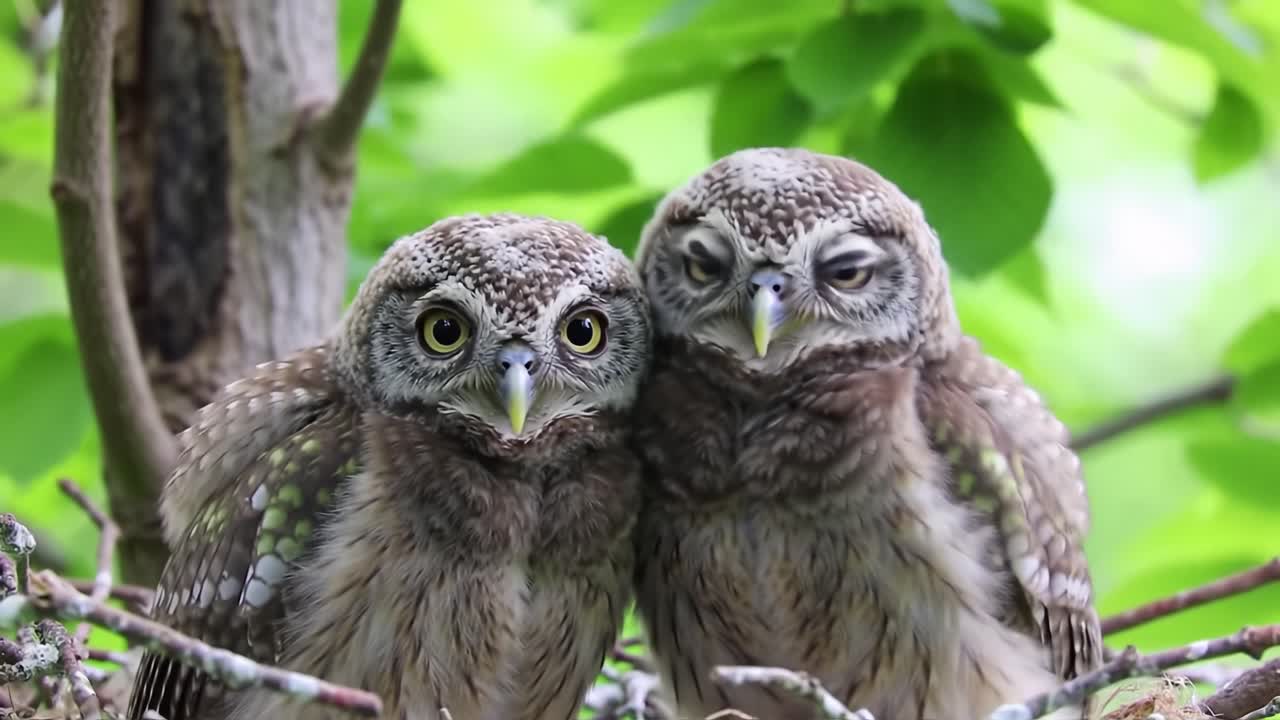 Two Adorable Young Owls Nesting Together, Displaying Their Unique Features Amidst Lush Greenery, Capturing a Moment of Affection and Curiosity in Nature's Embrace