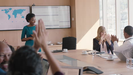 business woman presenting successful solution to shareholders celebrating with applause congratulating female executive for growth in sales clapping hands in office boardroom meeting