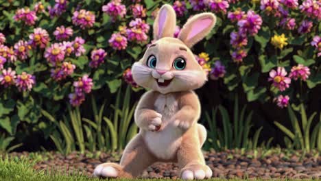animated bunny in a garden, captured from a low angle, showcasing a playful and vibrant style