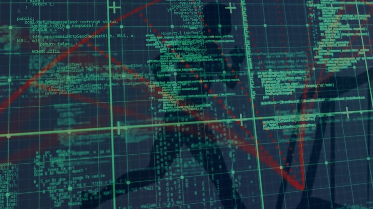 Animation af digital skærm med data og DNA på marineblå baggrund