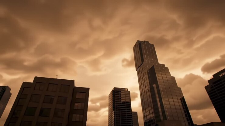 Um horizonte urbano deslumbrante sob céus nublados dramáticos: Uma vitrine visual de arquitetura moderna silhuetada contra um céu etéreo de tons dourados