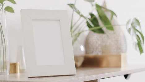 White-frame-with-copy-space-on-white-background-with-plant-on-desk-against-whtie-wall