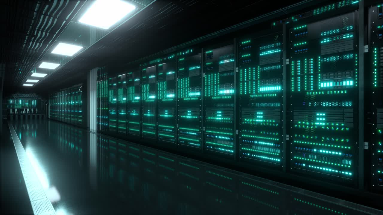 Inside Large Data Center. Advanced Cloud Computing Concept. Corridor With Server Racks And Cabinets Full Of Hard Drives