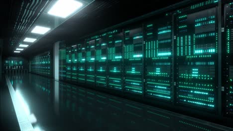 inside large data center. advanced cloud computing concept. corridor with server racks and cabinets full of hard drives