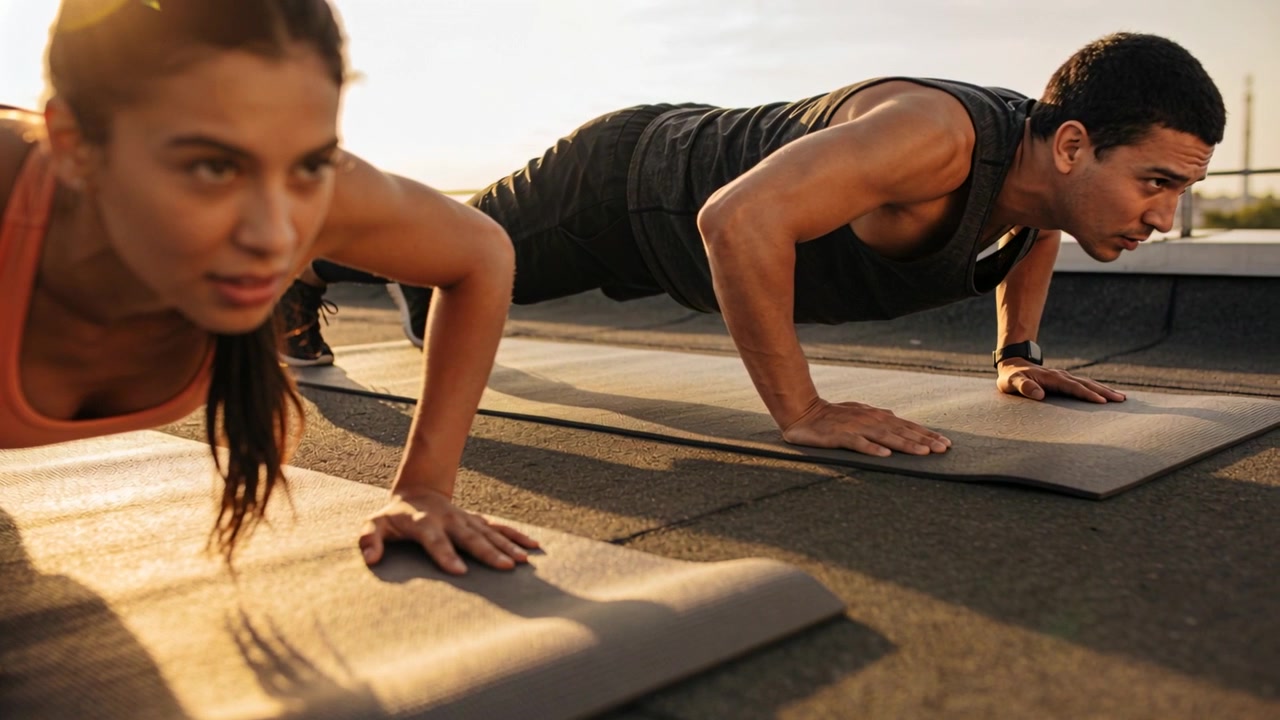 Framing camera starting pair orange tank, dark top lowering training pushups on roof mats, watch