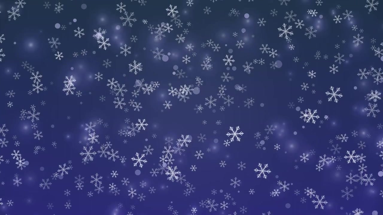 Stylized white snowflakes drift downward over a deep blue gradient background in a seamless loop.