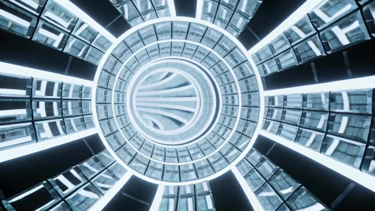Animazione iniziale che fa scivolare una telecamera virtuale attraverso un tunnel fantascientifico, rivelando costole luminose.