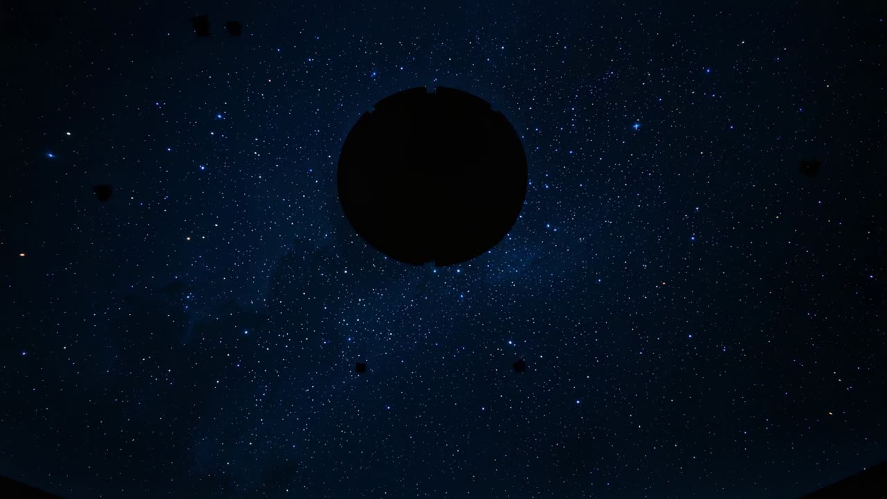 Recording camera capturing steady star field at night through curved rim, dark disk occluding